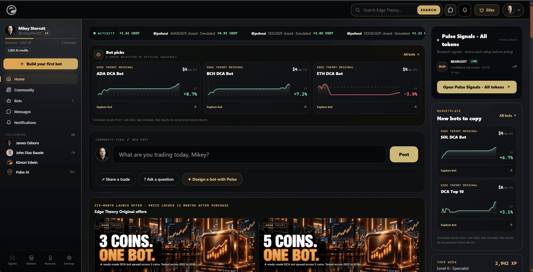 Edge Theory Home dashboard showing Bot picks, published Pulse Signals and the community feed.
