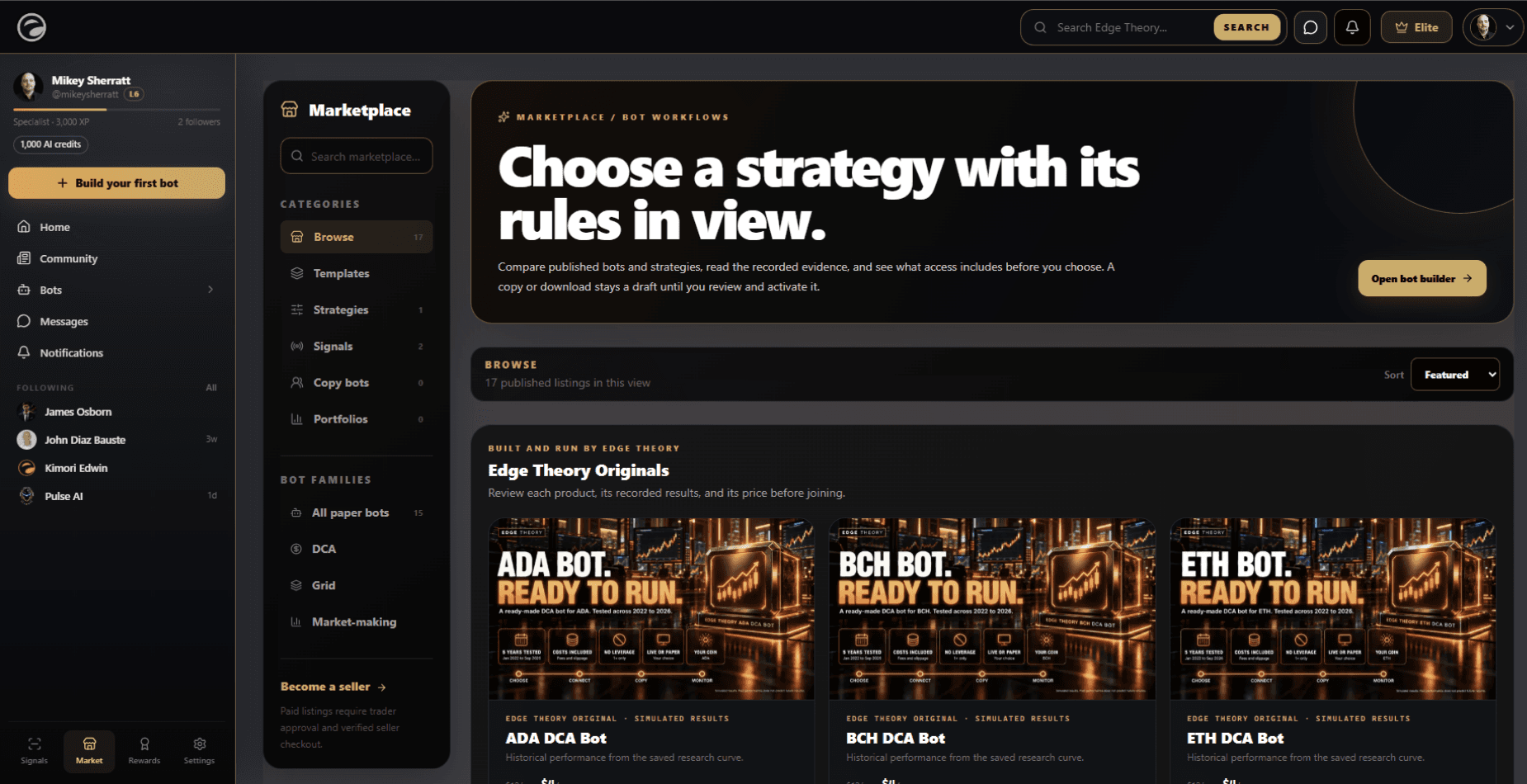 Marketplace workspace showing published strategy listings and available categories.