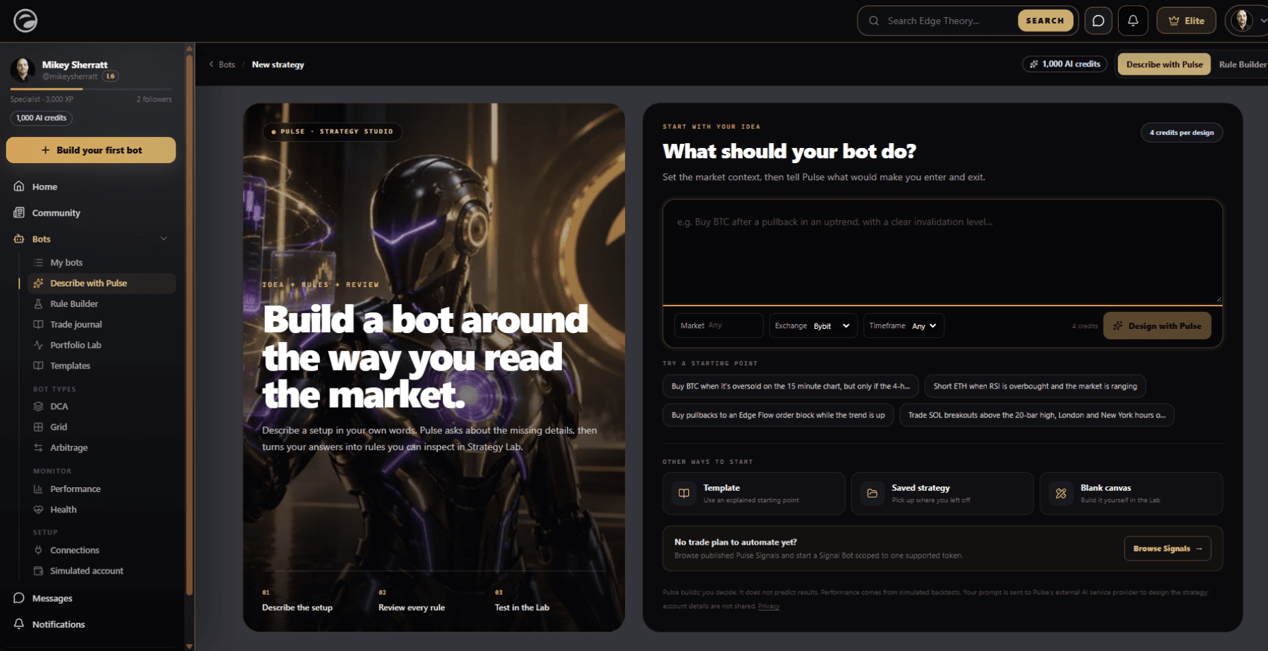 Pulse AI strategy workspace with editable conditions and tools.